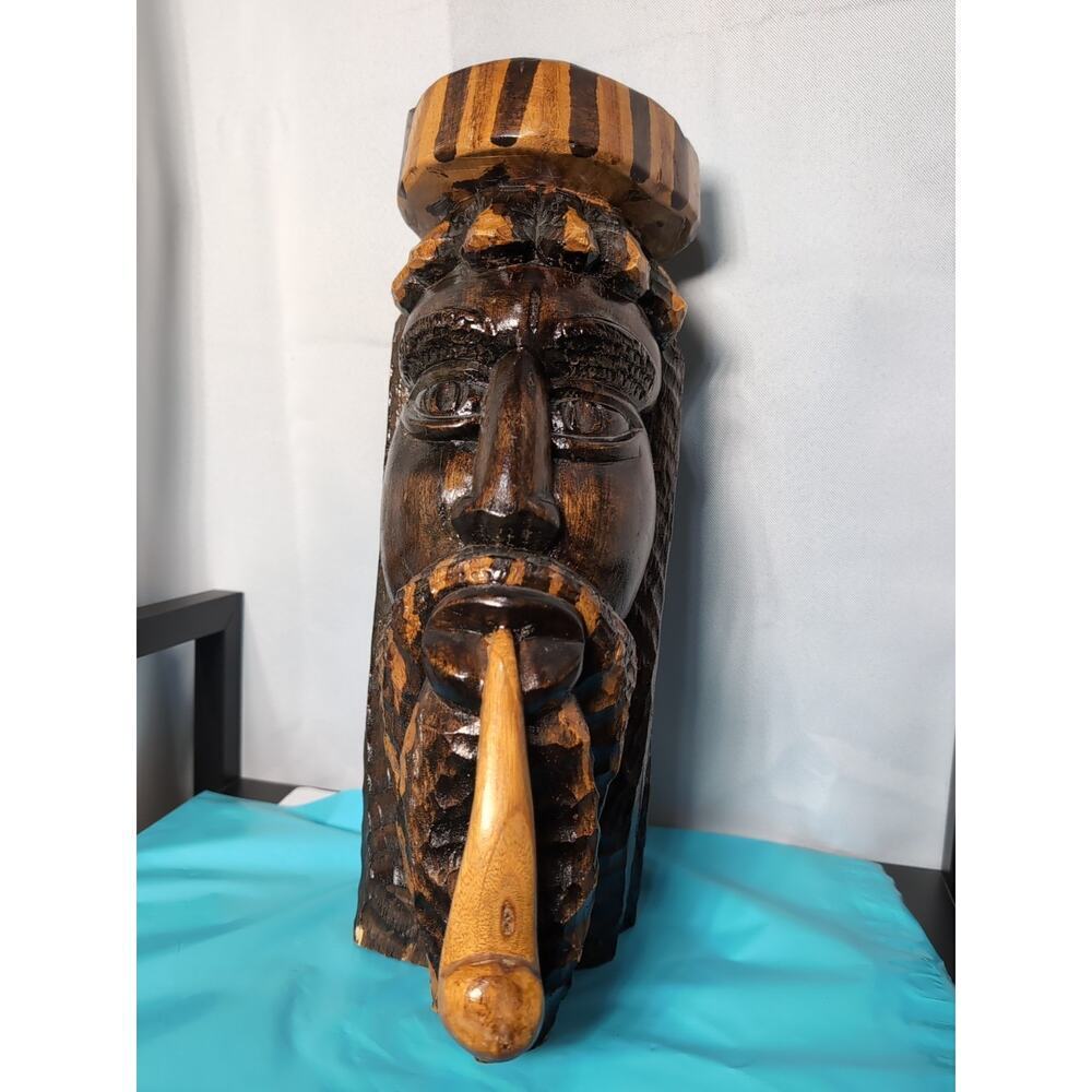 Hand Carved Wooden Head Sculpture Jamaican Folk Art Tribal 2002 Dated Ashtray - Picture 1 of 7